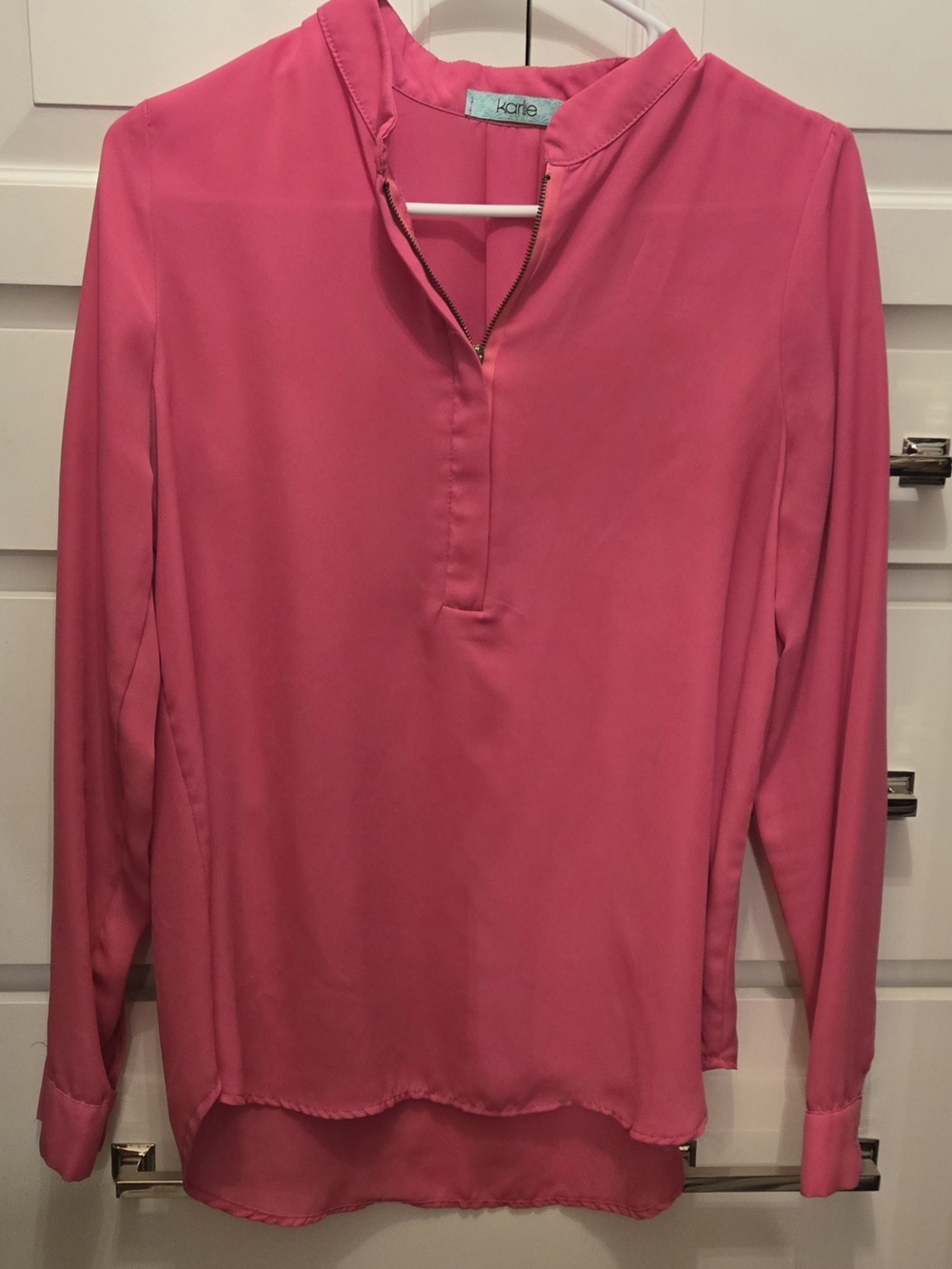 Karlie Hot Pink Long-Sleeve Split-Neck Blouse